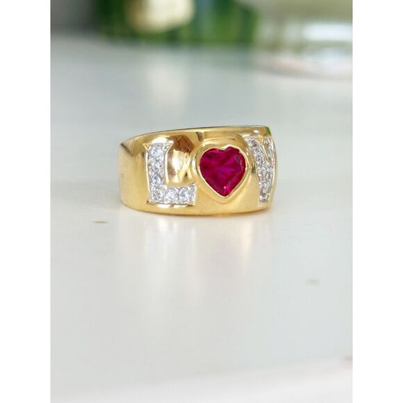Love Ring Wide Gold Tone Band Ruby Red Rhinestone and clear crystals - Picture 1 of 6